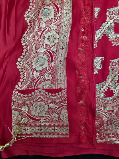 Red Zardozi Zarkan Banarasi Katan Saree