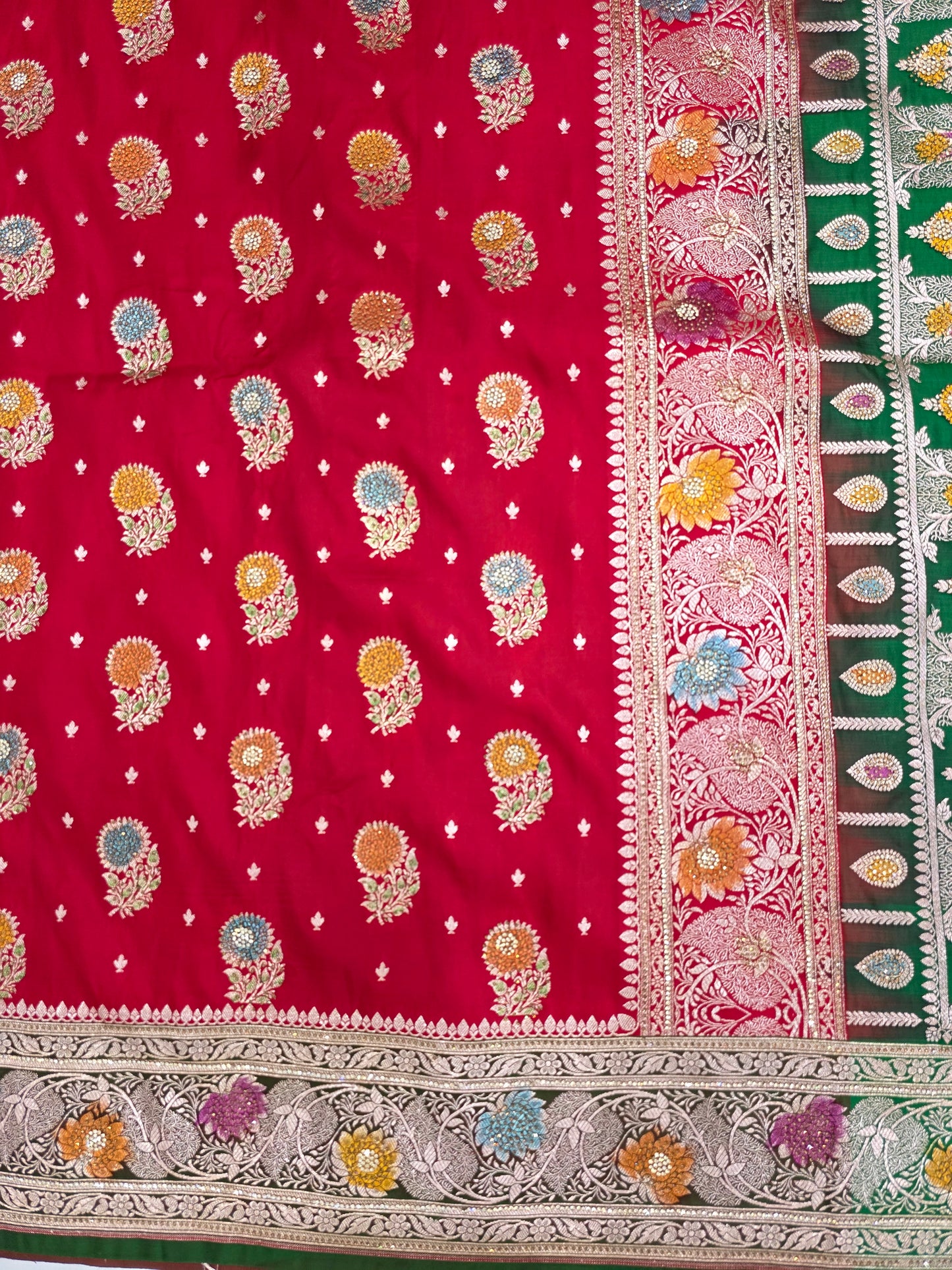 Red Zarkan Swarovski Banarasi Katan Saree