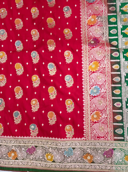 Red Zarkan Swarovski Banarasi Katan Saree