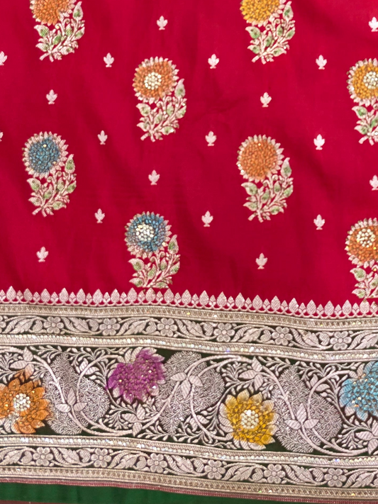 Red Zarkan Swarovski Banarasi Katan Saree