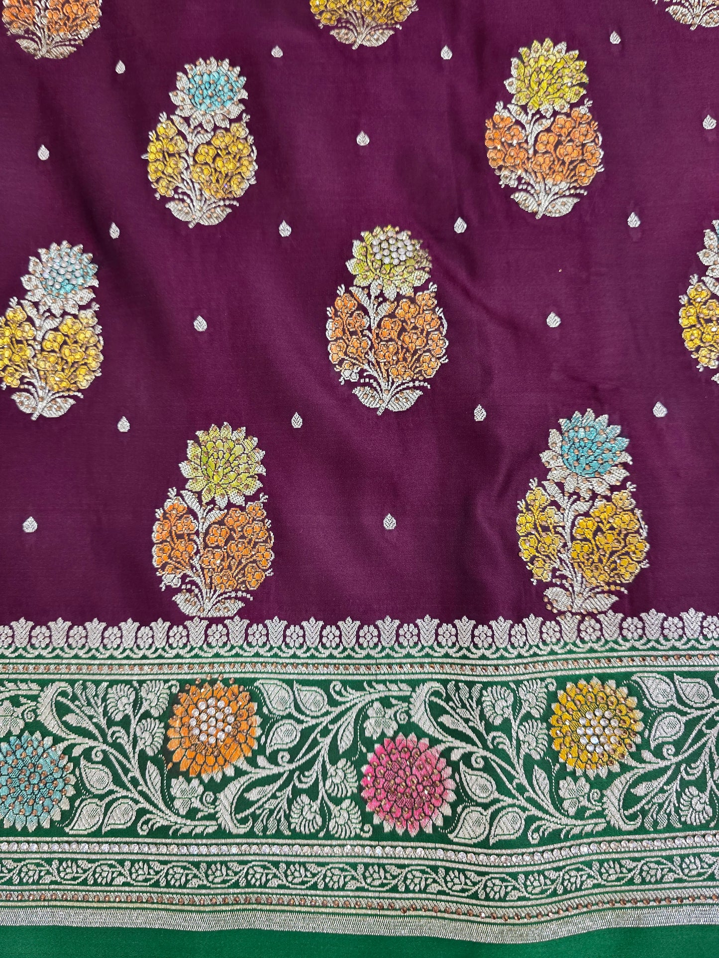 Wine Mina Kari Zarkan Swarovski Banarasi Saree