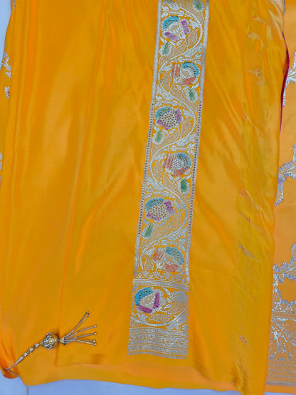 Yellow Zarkan Swarovski Banarsi Katan Saree