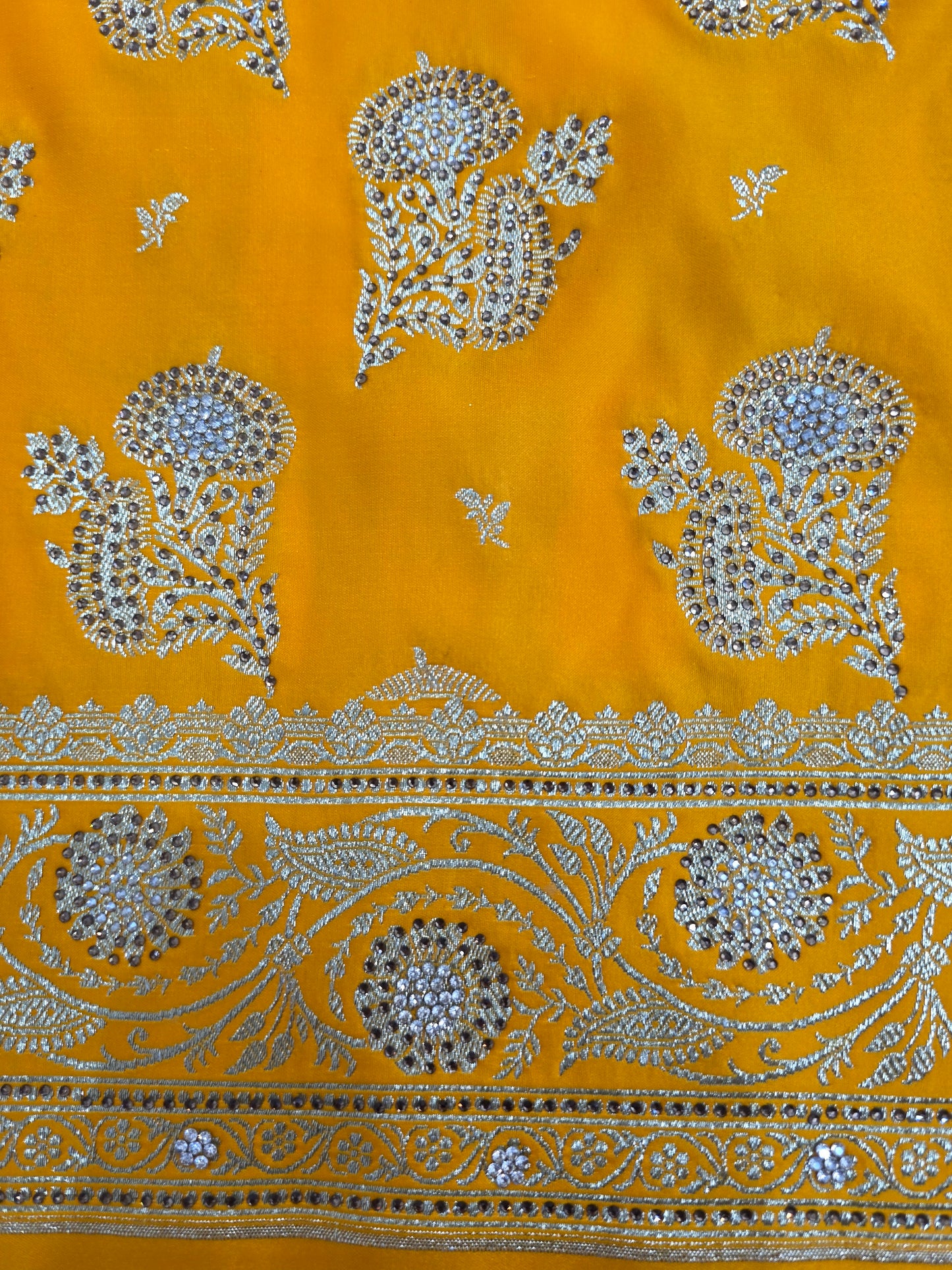 Yellow Zarkan Swarovski Banarasi Katan Saree