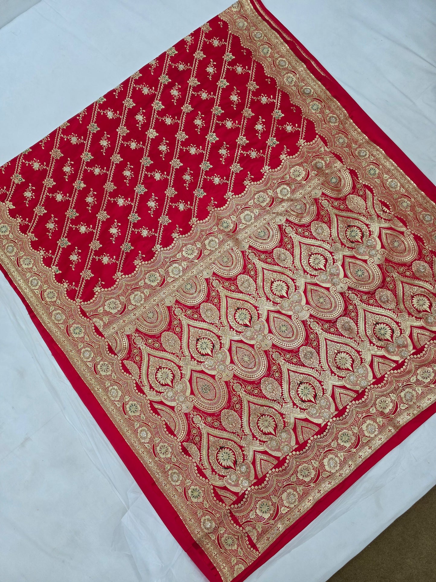 Red Zardozi Zarkan Moti Banarasi Saree