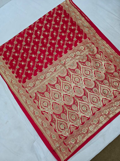 Red Zardozi Zarkan Moti Banarasi Saree