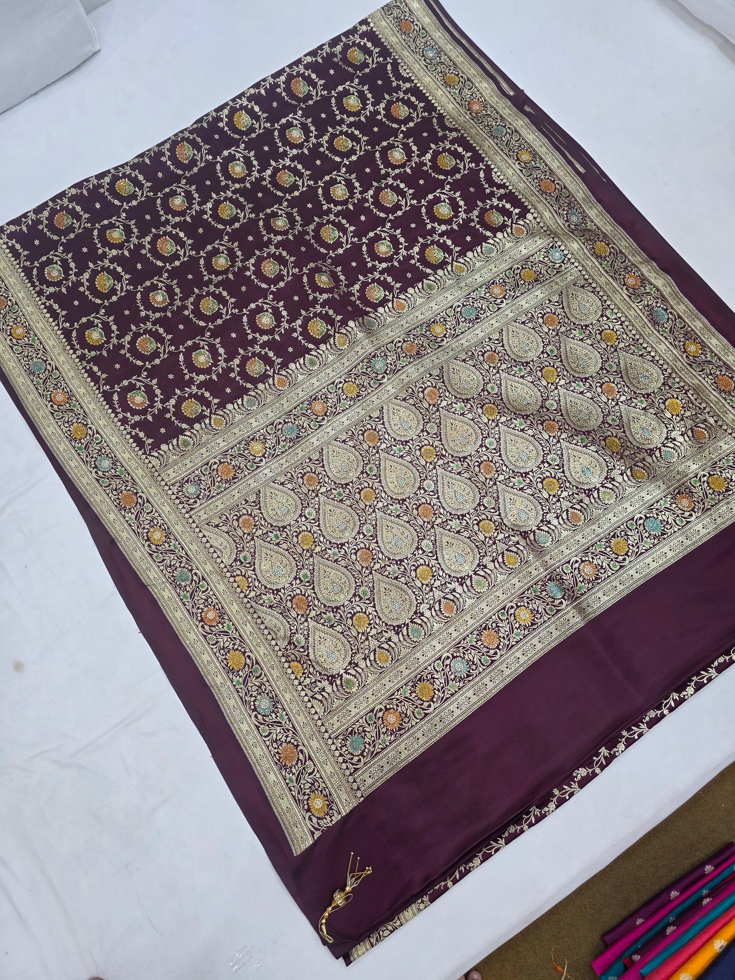 Wine Zarkan Swarovski Banarasi Katan Saree