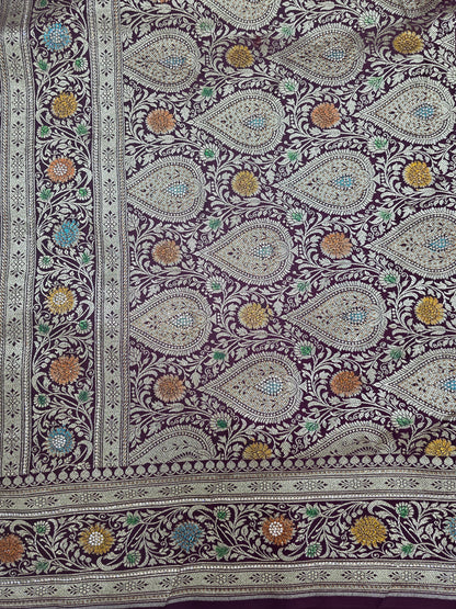 Wine Zarkan Swarovski Banarasi Katan Saree