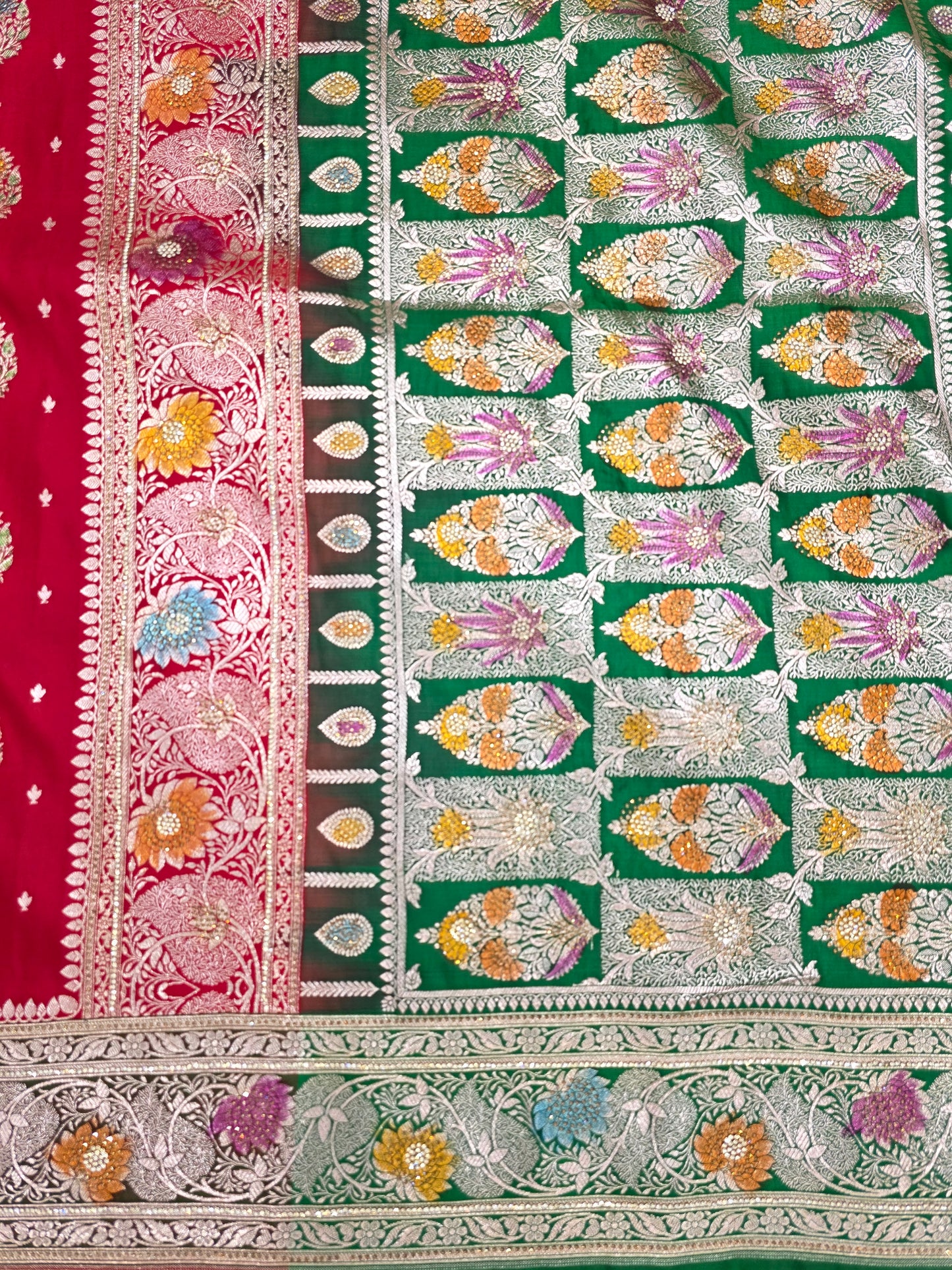 Red Zarkan Swarovski Banarasi Katan Saree