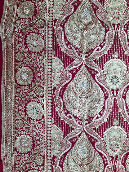 Maroon Zardozi Zarkan Banarasi Katan Saree