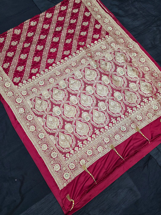 Maroon Zardozi Zarkan Banarasi Katan Saree