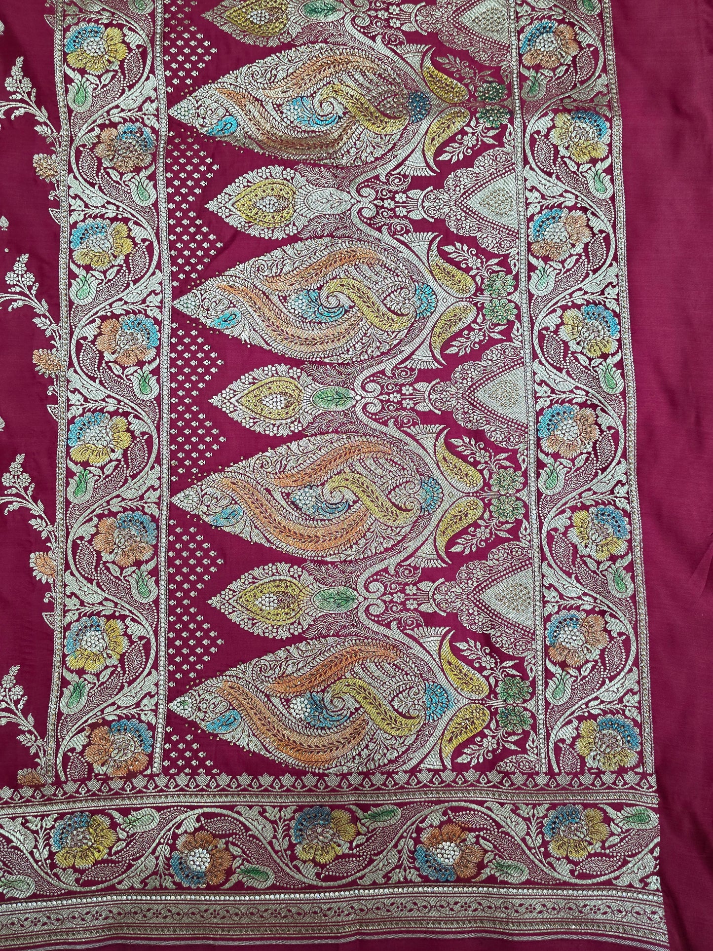 Maroon Zarkan Swarovski Banarsi Katan Saree