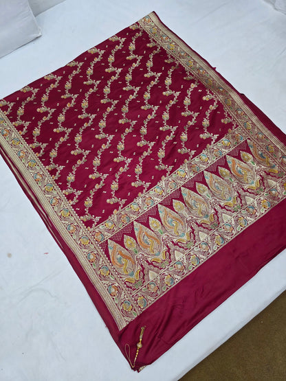 Maroon Zarkan Swarovski Banarsi Katan Saree
