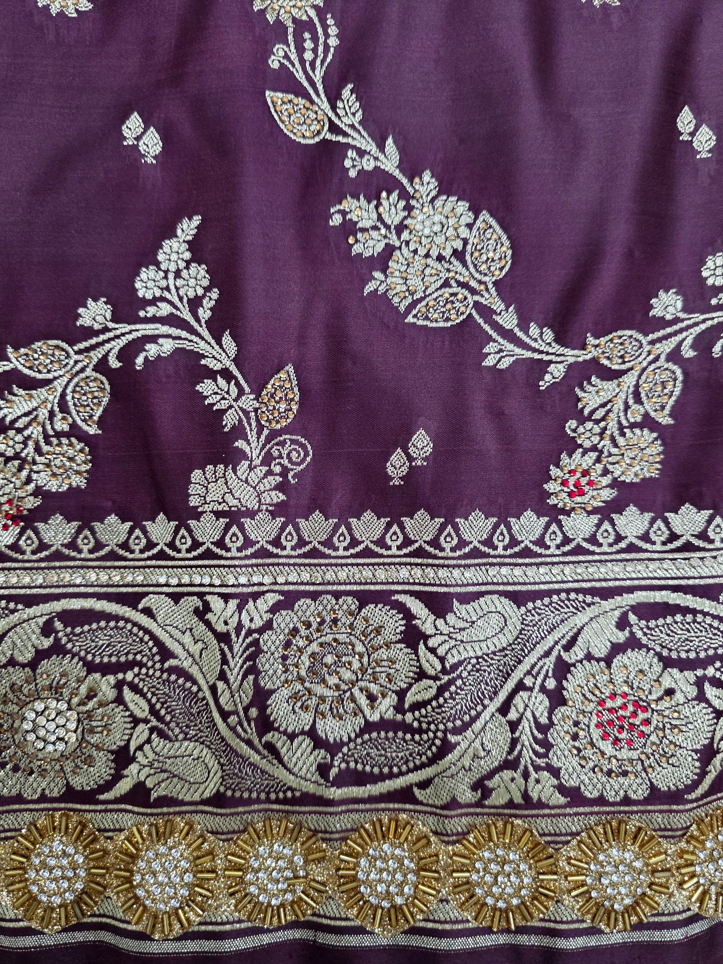 Wine Zarkan Swarovski Banarasi Katan Saree