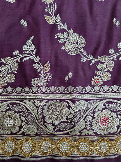 Wine Zarkan Swarovski Banarasi Katan Saree