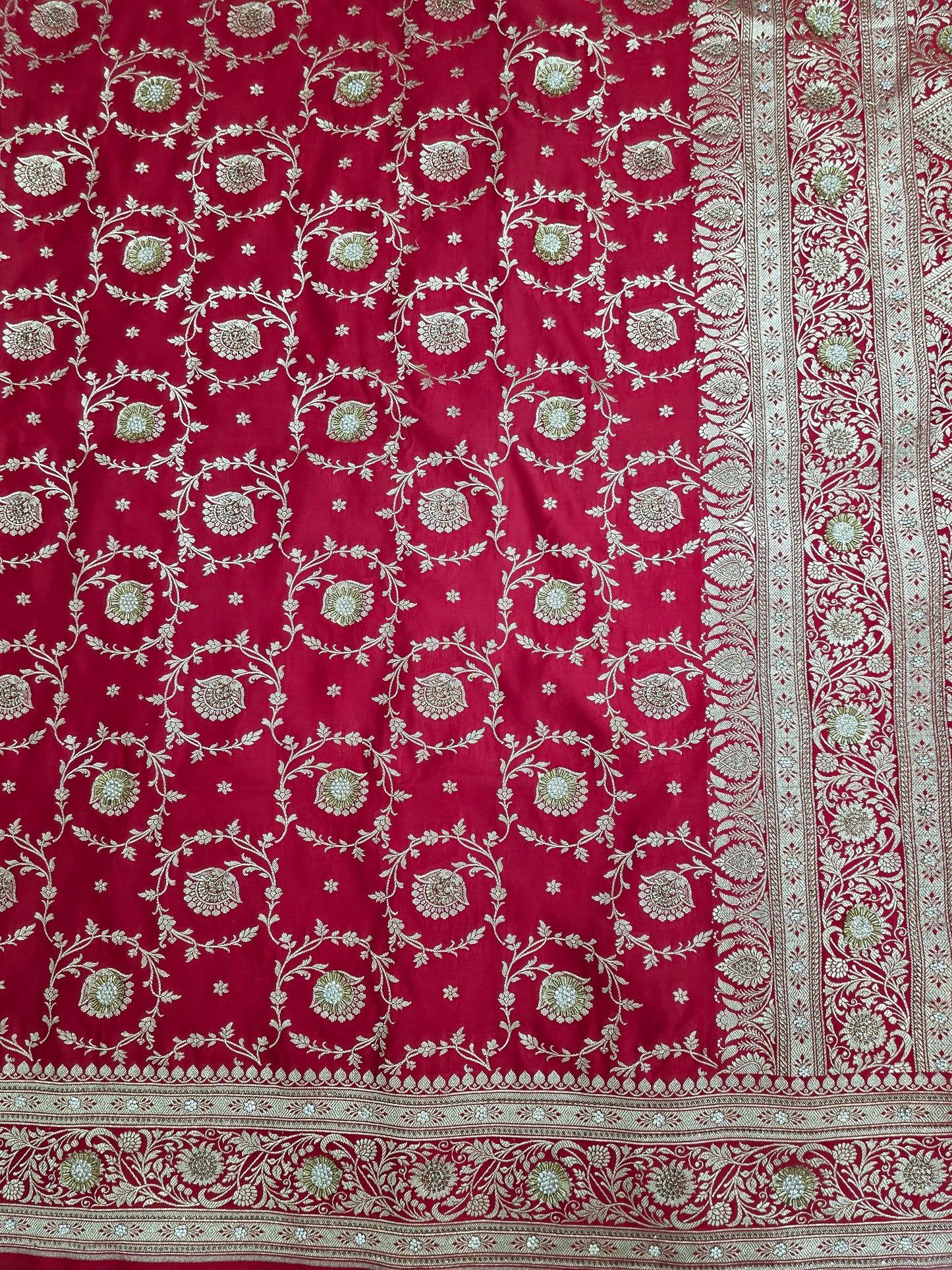 Red Zarkan Swarovski Banarasi Katan Saree