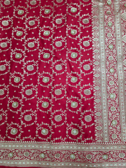 Red Zarkan Swarovski Banarasi Katan Saree