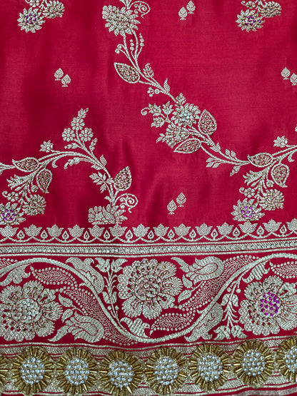 Red Zarkan Swarovski Banarasi Katan Saree