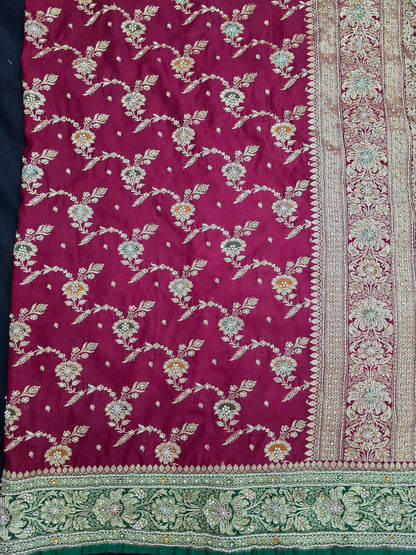 Maroon Zardozi Zarkan Banarasi Katan Saree