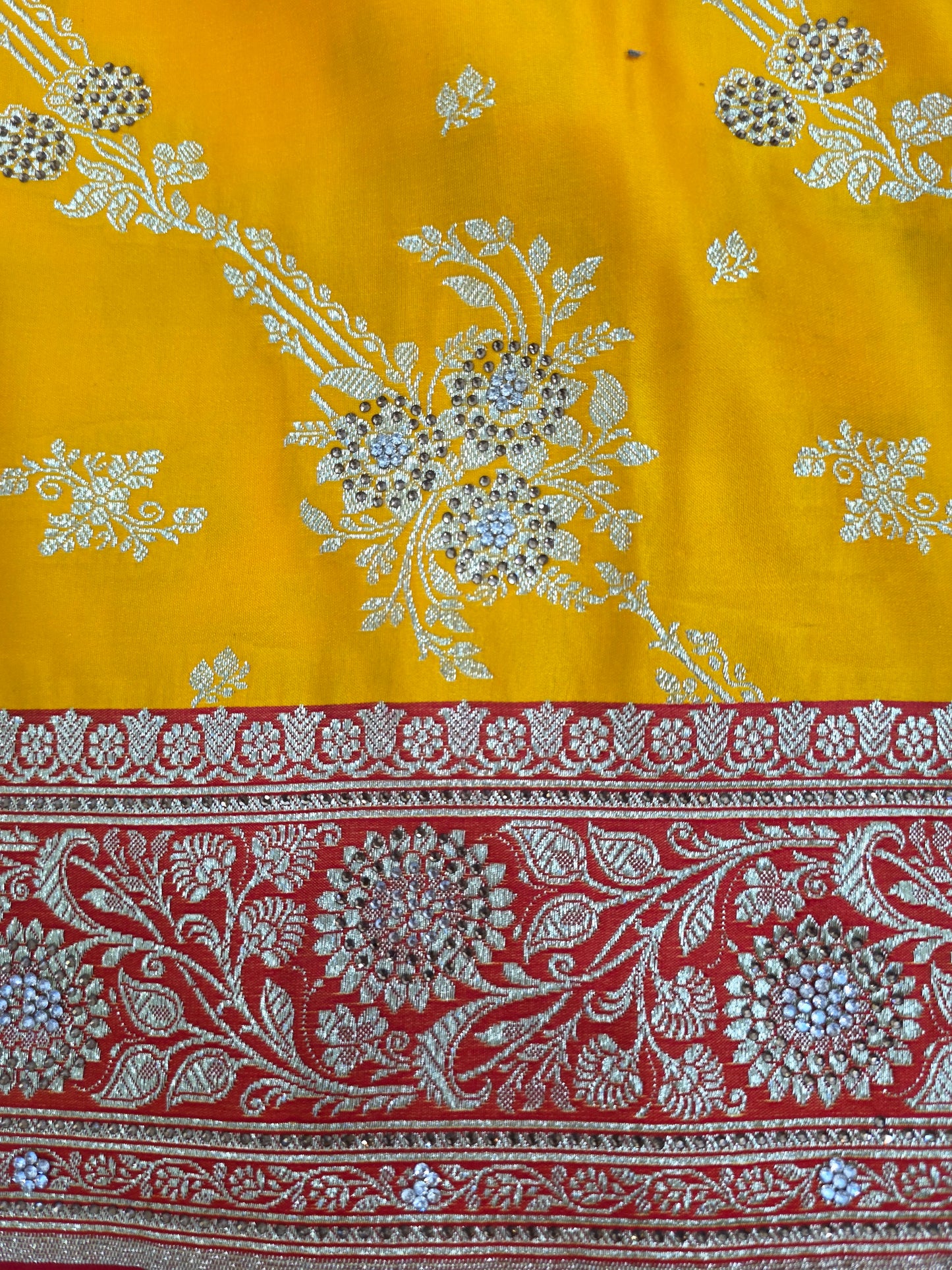 Yello Zarkan Swarovski Banarasi Katan Saree