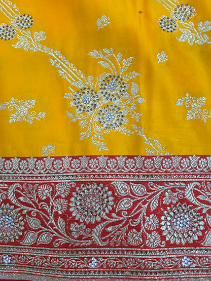 Yello Zarkan Swarovski Banarasi Katan Saree