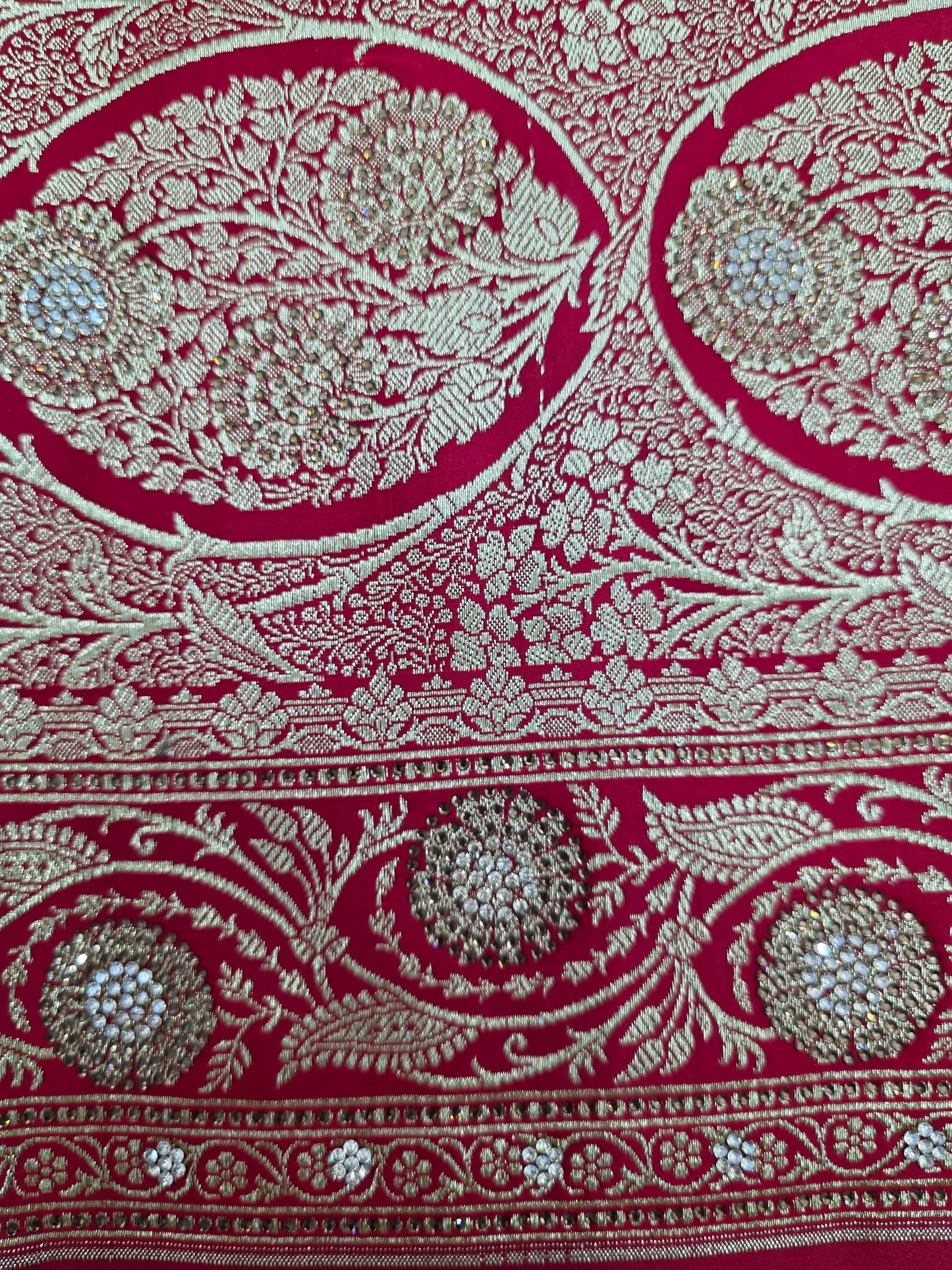 Red Zarkan Swarovski Banarasi Katan Saree