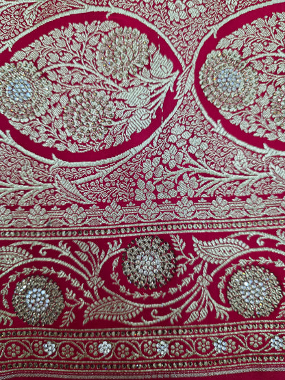 Red Zarkan Swarovski Banarasi Katan Saree