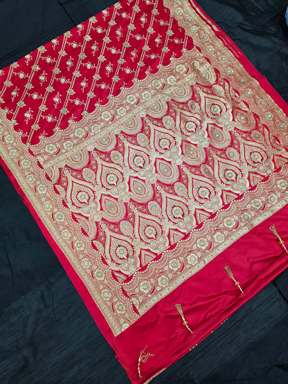 Red Zardozi Zarkan Banarasi Katan Saree