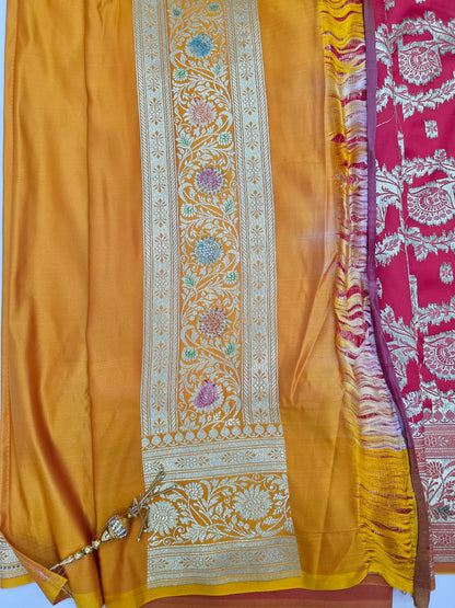 Red Zarkan Swarovski Banarsi Katan Saree