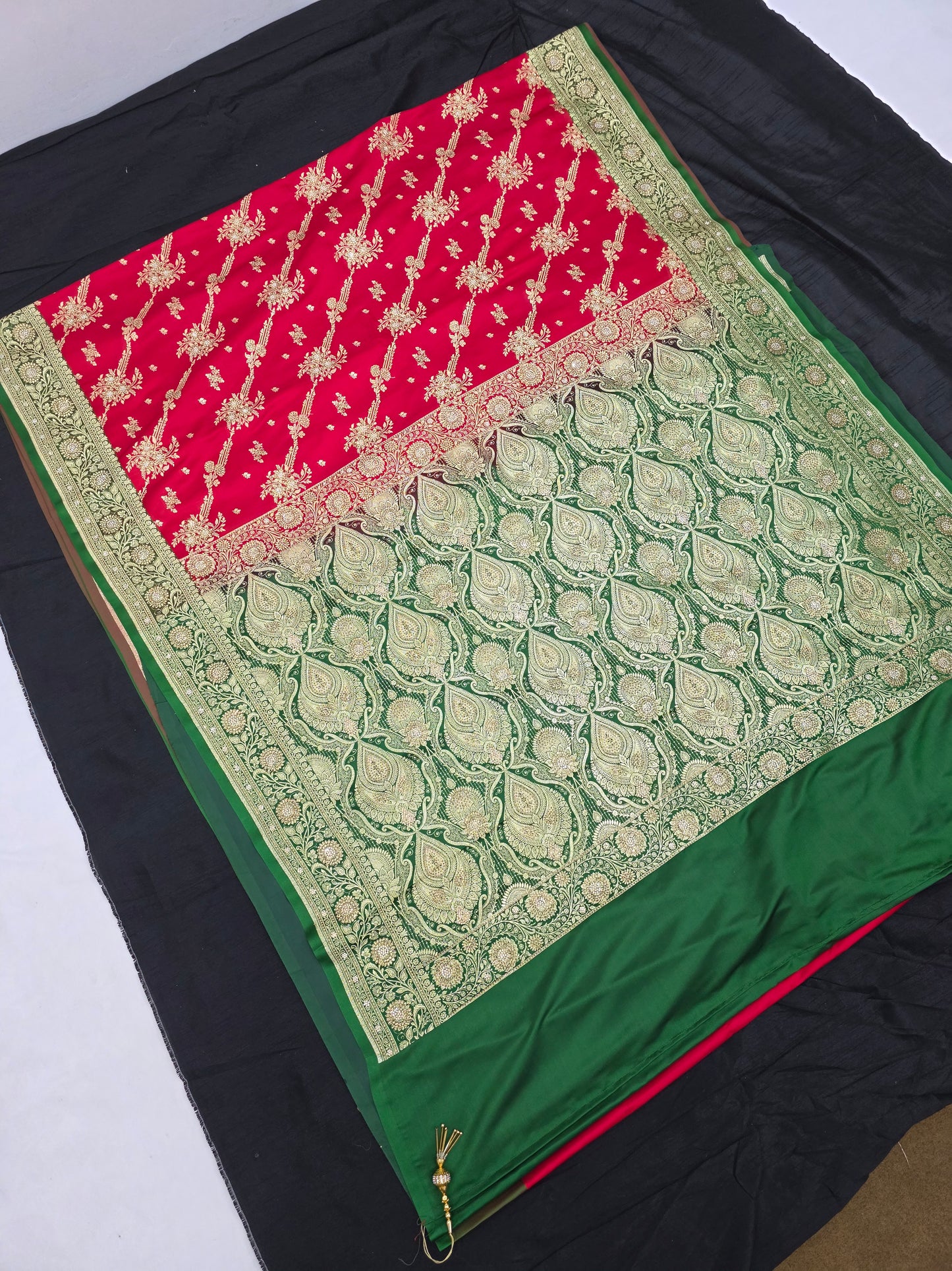 Red Zarkan Swarovski Banarasi Katan Saree