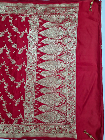Red Swarovski Banarasi katan silk Saree
