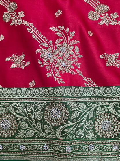 Red Zarkan Swarovski Banarasi Katan Saree