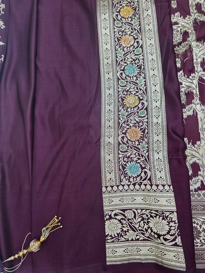 Wine Zarkan Swarovski Banarasi Katan Saree