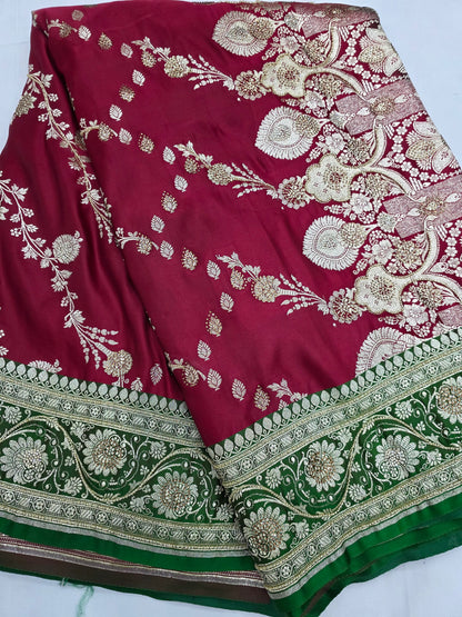 Maroon Zarkan Moti Banarasi Silk Saree
