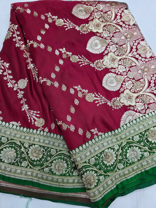 Maroon Zarkan Moti Banarasi Silk Saree
