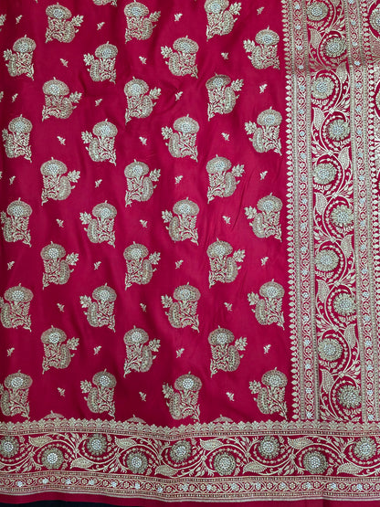 Red Zarkan Swarovski Banarasi Katan Saree