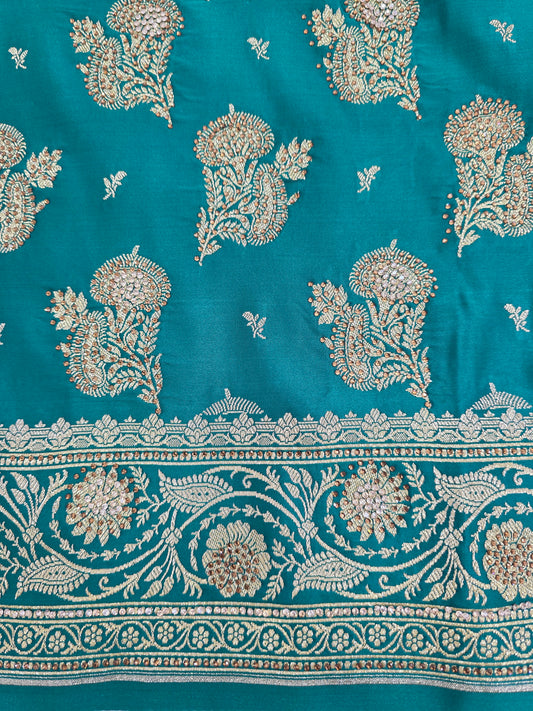 Teal Bule Zarkan Swarovski Banarasi Saree