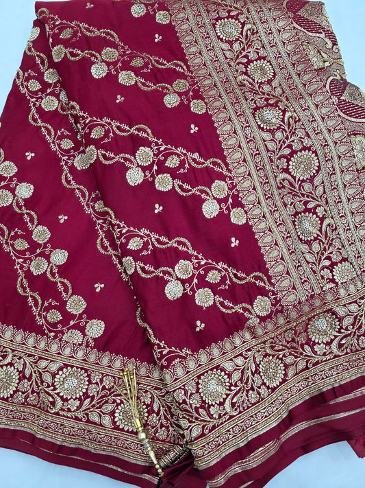Maroon Zarkan Moti Banarasi Silk Saree