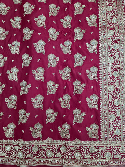 Maroon Zarkan Swarovski Banarasi Katan Saree