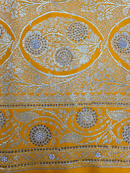 Yellow Zarkan Swarovski Banarasi Katan Saree
