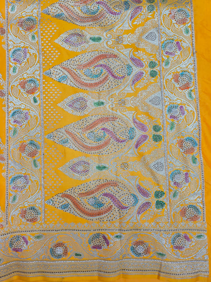 Yellow Zarkan Swarovski Banarsi Katan Saree