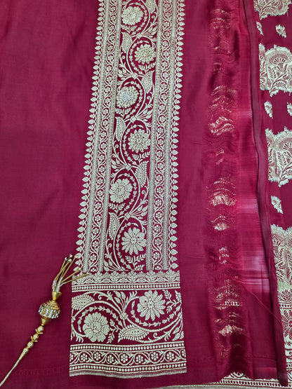 Maroon Zarkan Swarovski Banarasi Katan Saree
