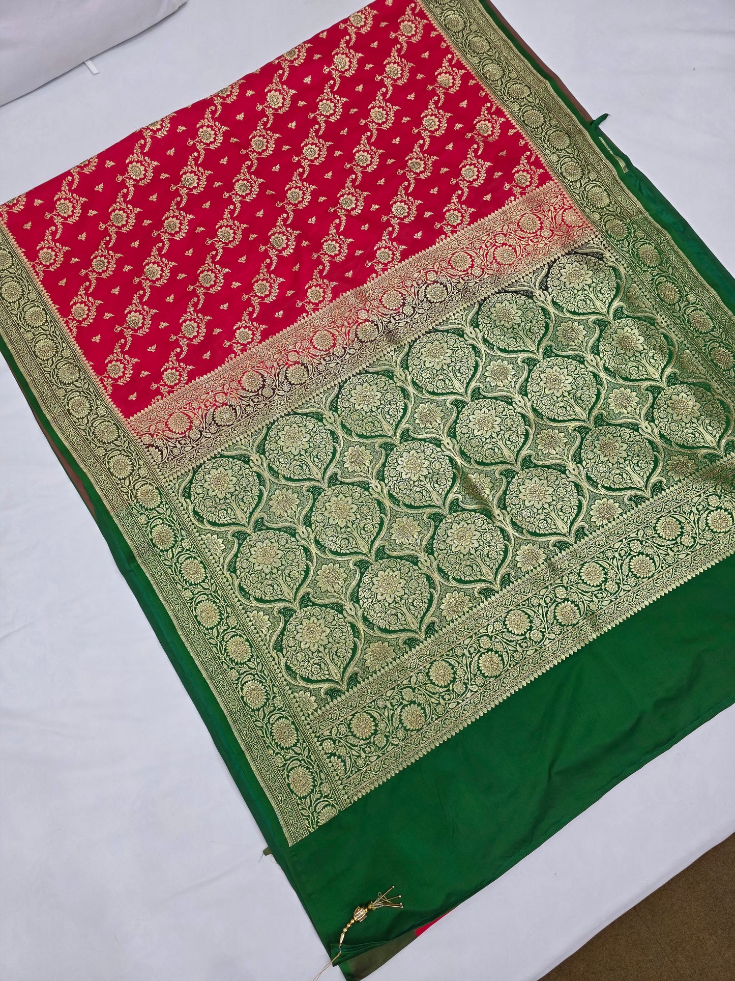 Red Swarovski Banarasi katan silk Saree