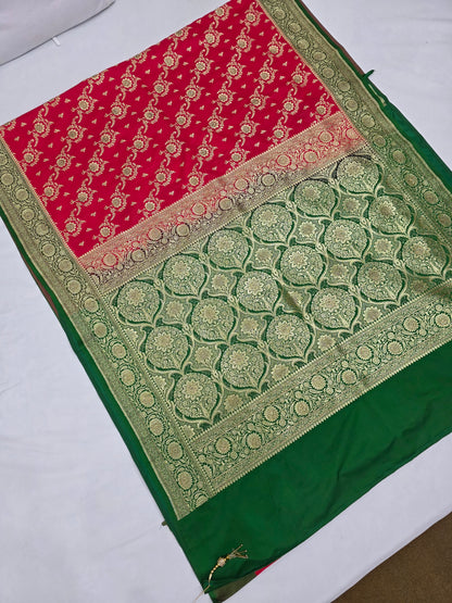 Red Swarovski Banarasi katan silk Saree