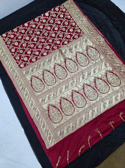 Maroon Zardozi Zarkan Banarasi Katan Saree