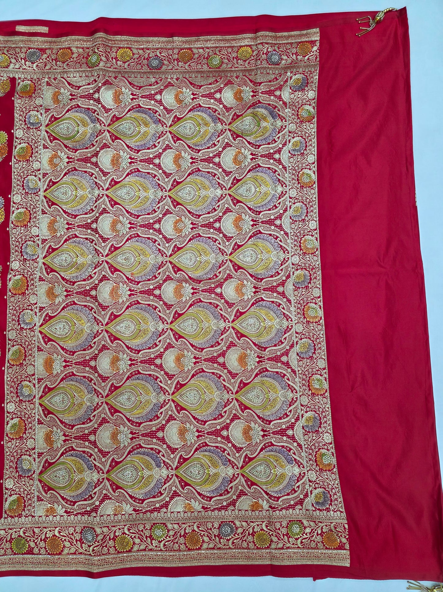 Red Mina Kari Zarkan Swarovski Banarasi Saree