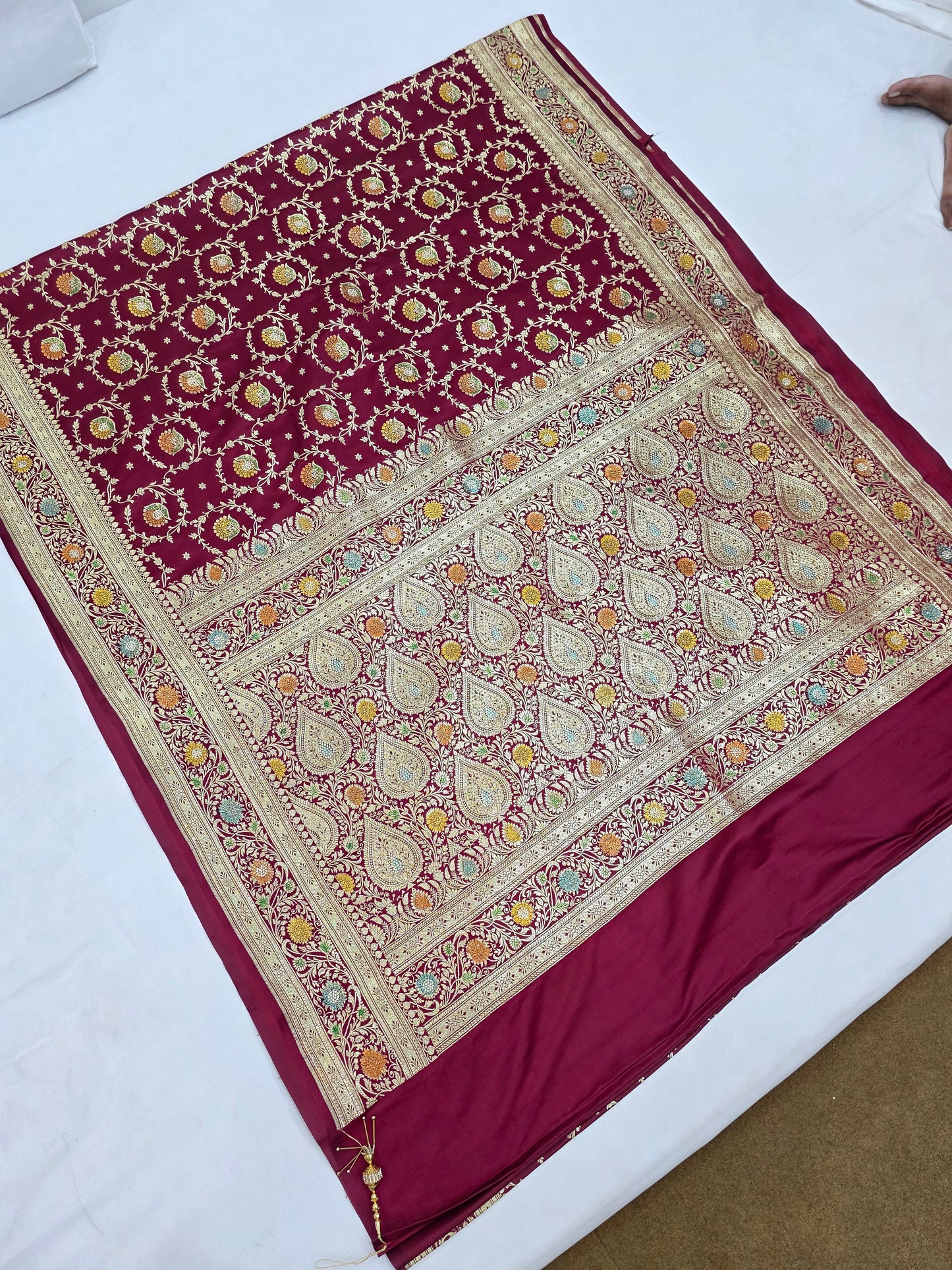 Maroon Zarkan swarovski Banarasi Katan Saree