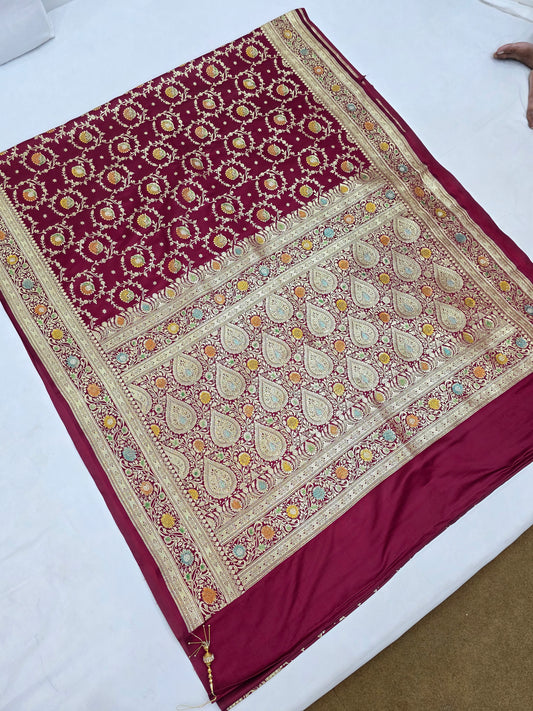 Maroon Zarkan swarovski Banarasi Katan Saree