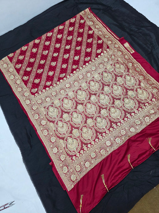 Maroon Zardozi Zarkan Banarasi Katan Saree