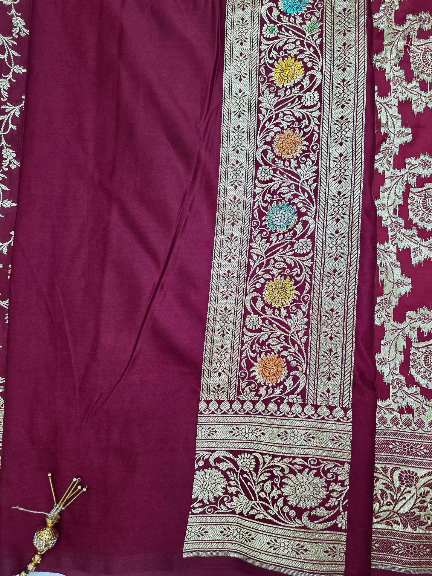 Maroon Zarkan swarovski Banarasi Katan Saree