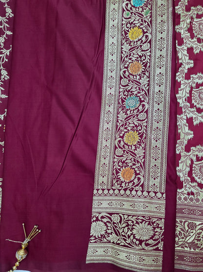 Maroon Zarkan swarovski Banarasi Katan Saree